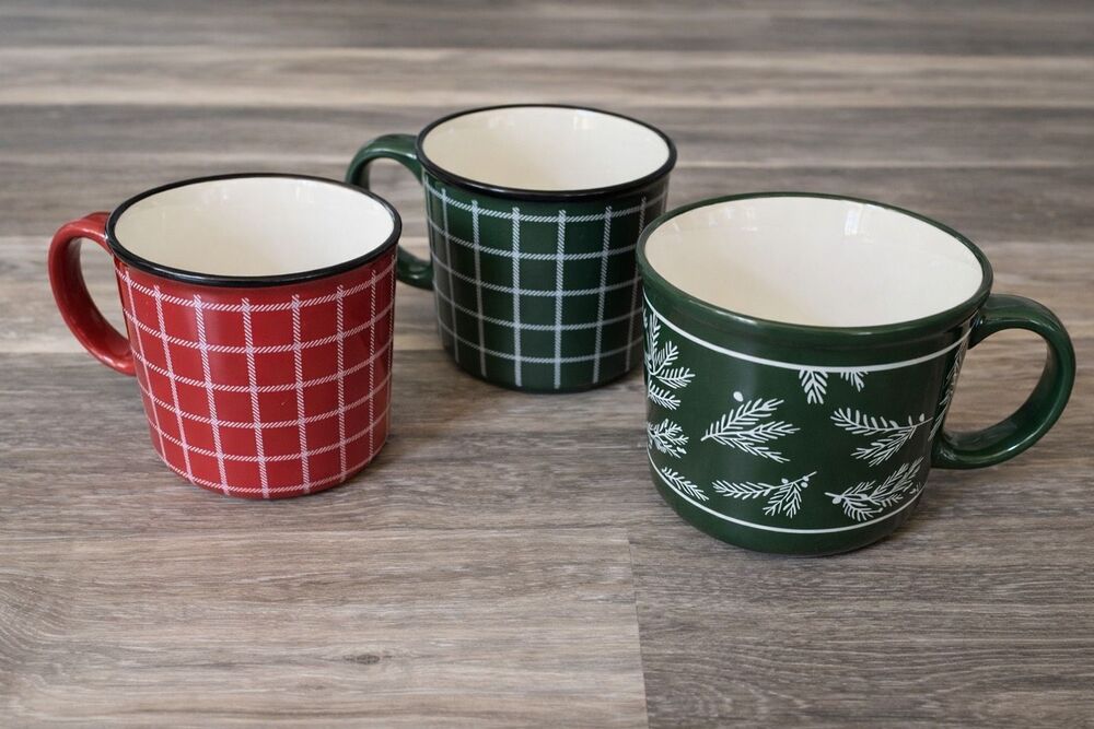 Hallmark Coffee/Tea/ Cocoa Mug/Cup, Red and Green Plaid, Set of  Three